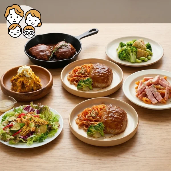 ハンバーグとパスタの彩り主菜・副菜セット (ファミリー)