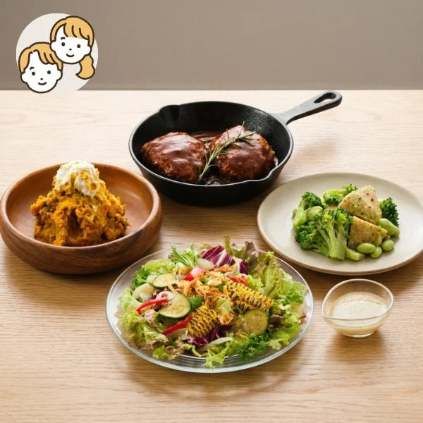 シェフ特製ハンバーグと彩り野菜の主菜・副菜セット (大人2人)