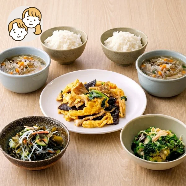 中華炒めとしょうがスープの主食・主菜・副菜セット (大人2人)