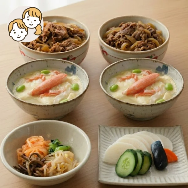 特製つゆの牛丼の主食・主菜・副菜セット (大人2人)