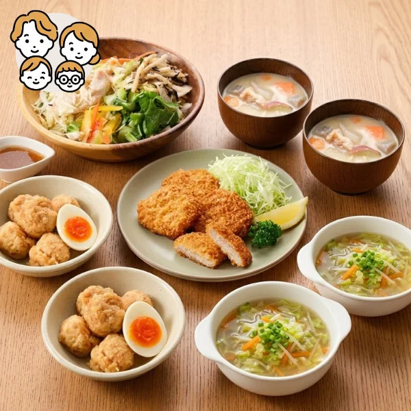 ひれカツと具だくさん汁物の主菜・副菜セット (ファミリー)