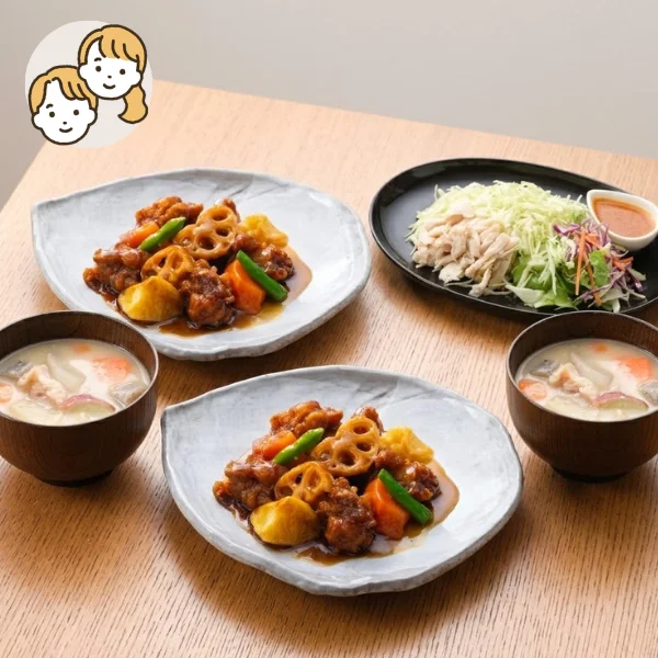 鶏黒酢あんと豚汁の主菜・副菜セット (大人2人)