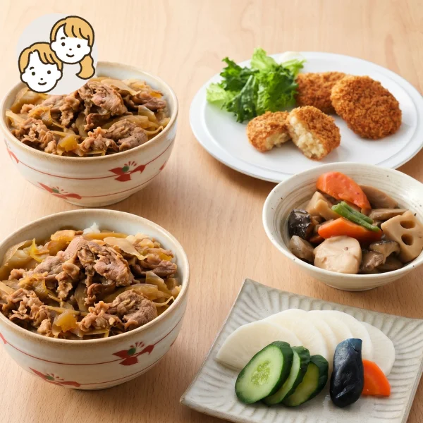 特製つゆの牛丼の主菜・副菜セット (大人2人)