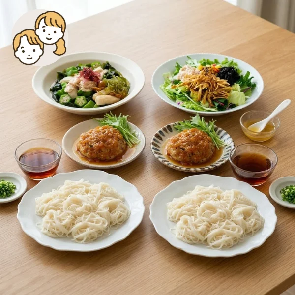 そうめんと豆腐ハンバーグの主食・主菜・副菜セット (大人2人)