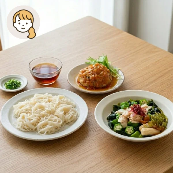 そうめんと豆腐ハンバーグの主食・主菜・副菜セット (大人1人)