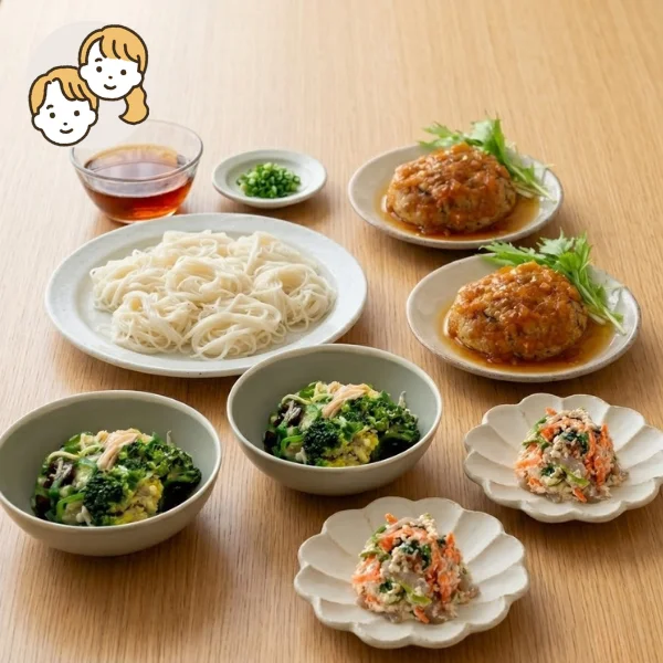そうめんと豆腐ハンバーグのさっぱり主菜・副菜セット (大人2人)