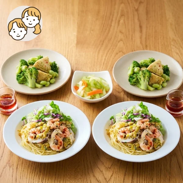 海の幸パスタと爽やかマリネの主食・主菜・副菜セット (大人2人)