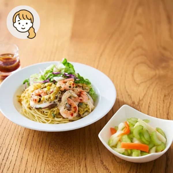 海の幸パスタと爽やかマリネの主食・主菜・副菜セット (大人1人)