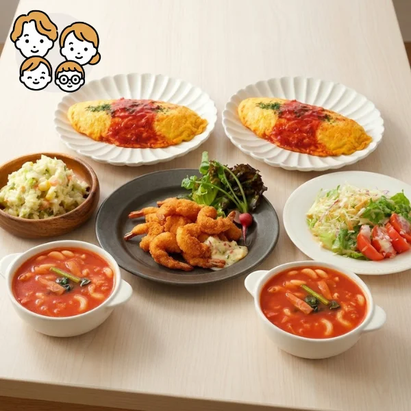 小海老フライとふわふわオムライスの主菜・副菜セット (ファミリー)