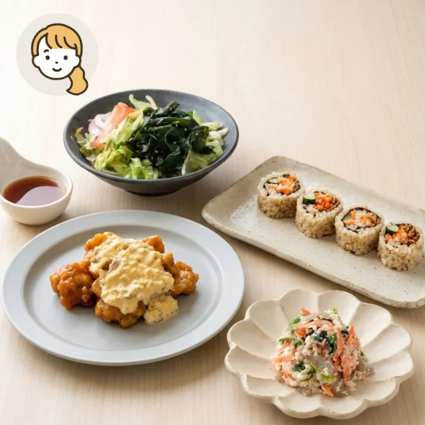 チキン南蛮と玄米ロールの主食・主菜・副菜セット (大人1人)