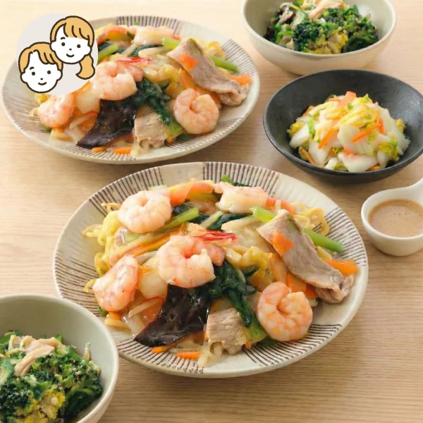 【初回おすすめ】海老あんかけ焼きそばと蒸し鶏の彩り献立 (2人分)