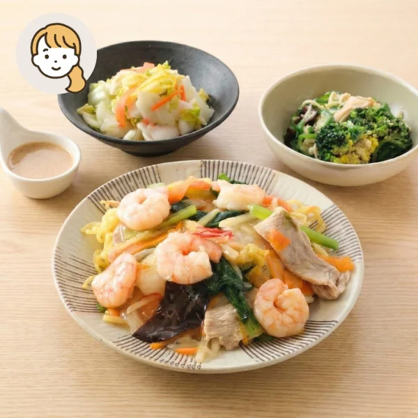 【初回おすすめ】海老あんかけ焼きそばと蒸し鶏の彩り献立 (1人分)