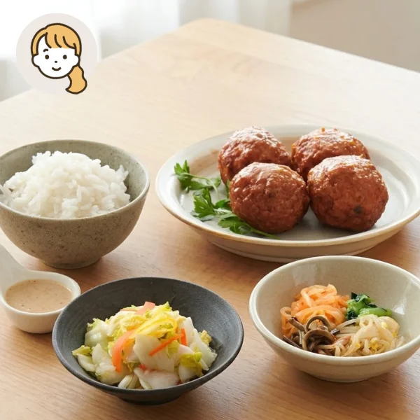中華肉団子と彩り野菜の主食・主菜・副菜セット (大人1人)