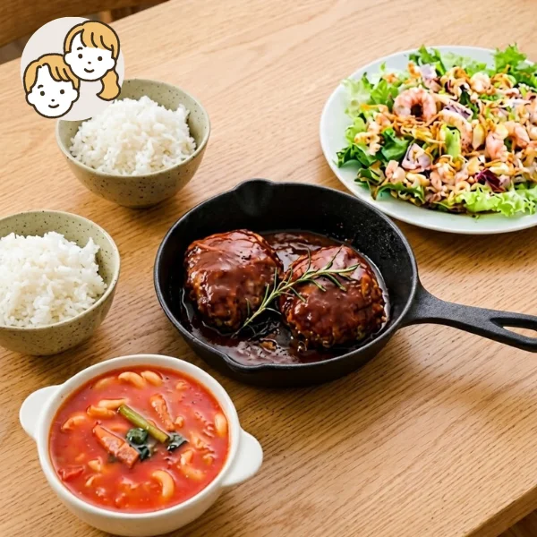 シェフ特製ハンバーグと海の幸の主食・主菜・副菜セット (大人2人)