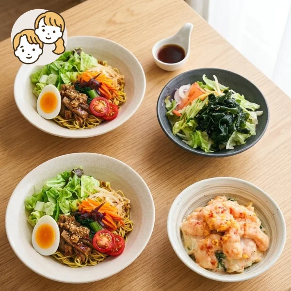 炙り豚冷やし中華とコク旨おかずの主食・主菜・副菜セット (大人2人)