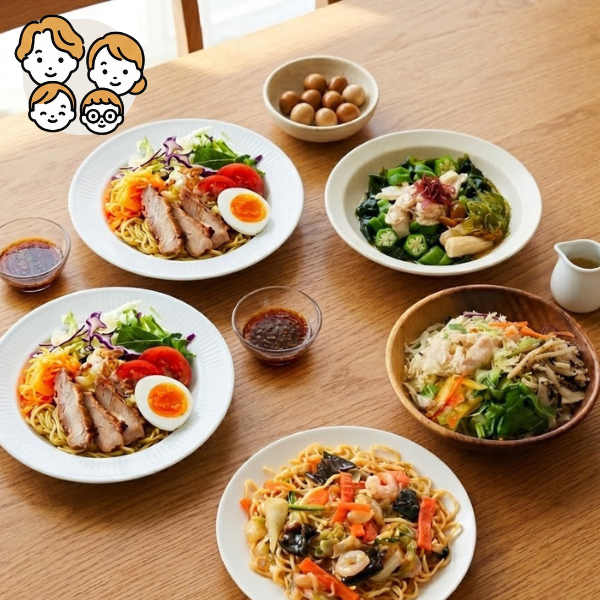 野菜たっぷり中華麺の主菜・副菜セット (ファミリー)