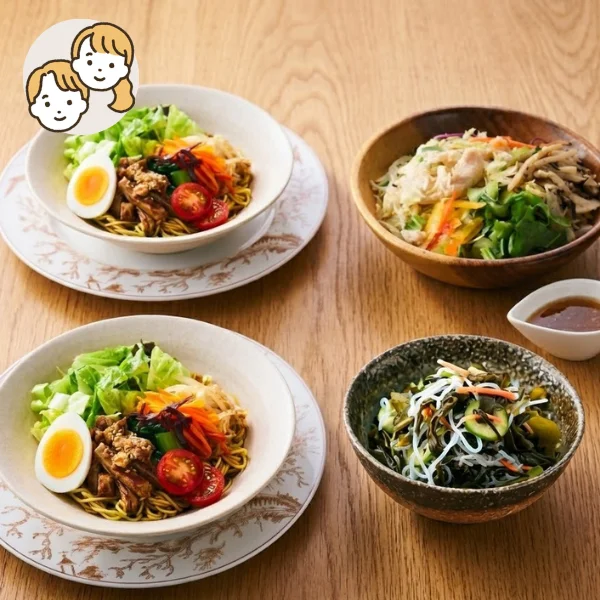 炙り豚冷やし中華の主菜・副菜セット (大人2人)
