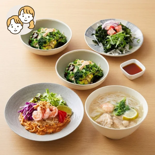 本格アジアン麺の主食・主菜・副菜セット (大人2人)