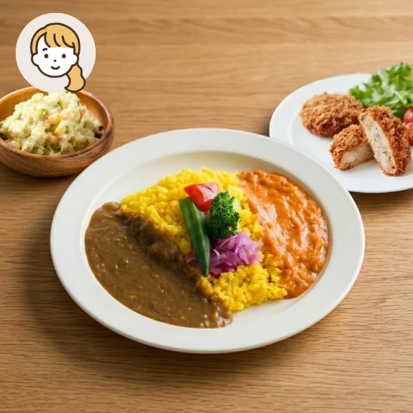 2種盛りカレーと海鮮カツの主食・主菜・副菜セット (大人1人)