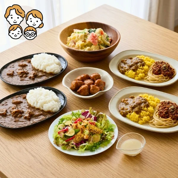 2種のカレーと彩りサラダの主菜・副菜セット (ファミリー)