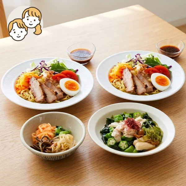 旨み鶏チャーシュー冷やし中華の主食・主菜・副菜セット (大人2人)
