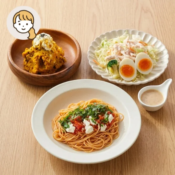 カッペリーニと蒸し鶏サラダの主食・主菜・副菜セット (大人1人)