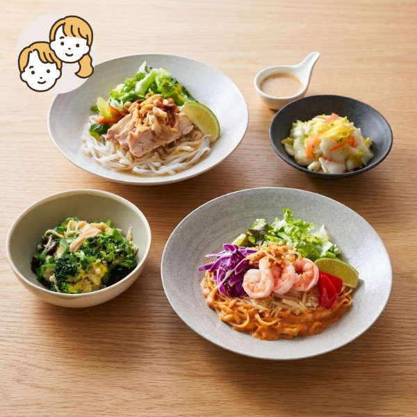 【初回おすすめ】2種のアジアン麺とさっぱりサラダの主食・主菜・副菜セット (大人2人)