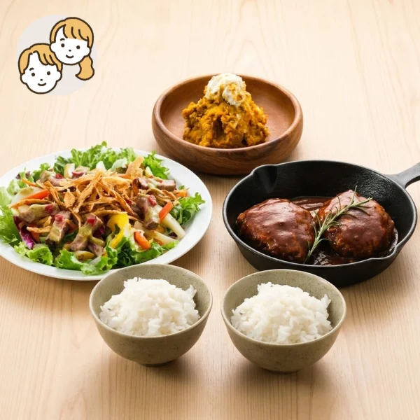 【初回おすすめ】ハンバーグとローストビーフの主食・主菜・副菜セット (大人2人)