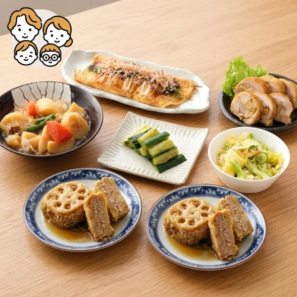 【初回おすすめ】鶏てり巻きと豚肉はさみ蓮根の主菜・副菜セット (ファミリー)