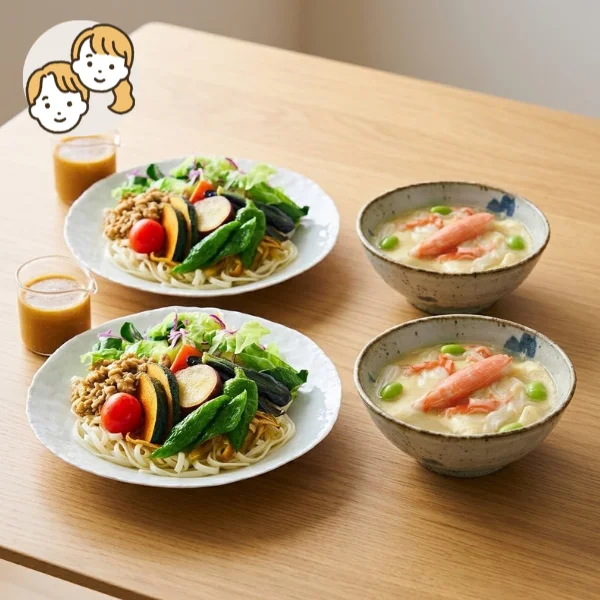 サラダうどんと玉子豆腐の主食・主菜・副菜セット (大人2人)