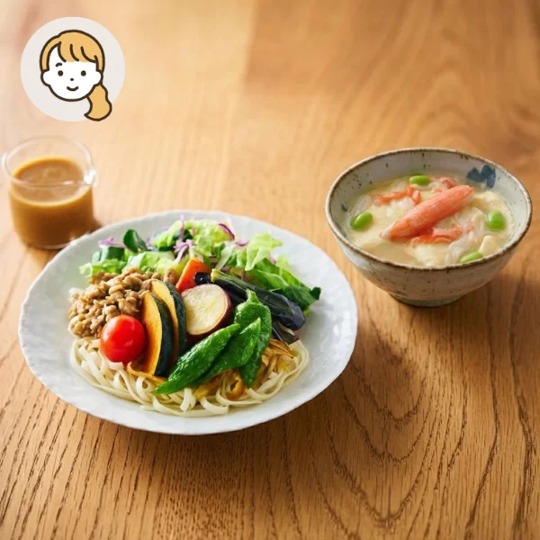 サラダうどんと玉子豆腐の主食・主菜・副菜セット (大人1人)