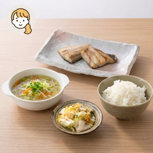 ほっけと鶏生姜スープの主食・主菜・副菜セット (大人1人)