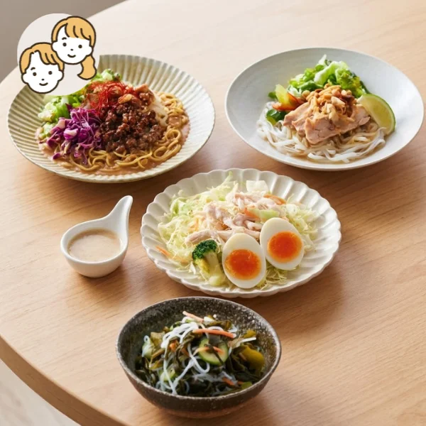 スパイス香る！爽やかアジアン麺の主食・主菜・副菜セット (大人2人)