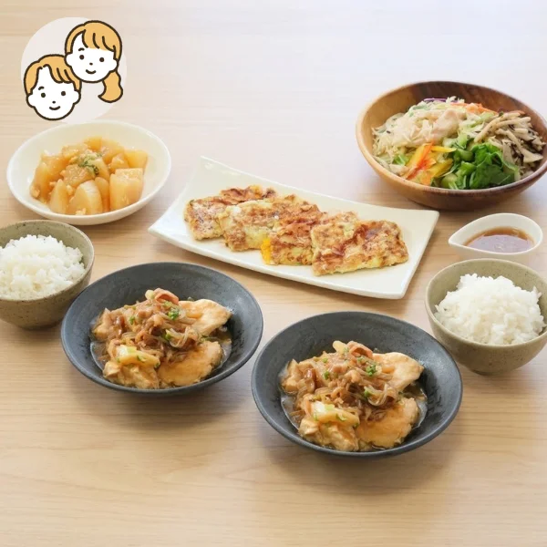 肉豆腐と長芋焼きの主食・主菜・副菜セット (大人2人)