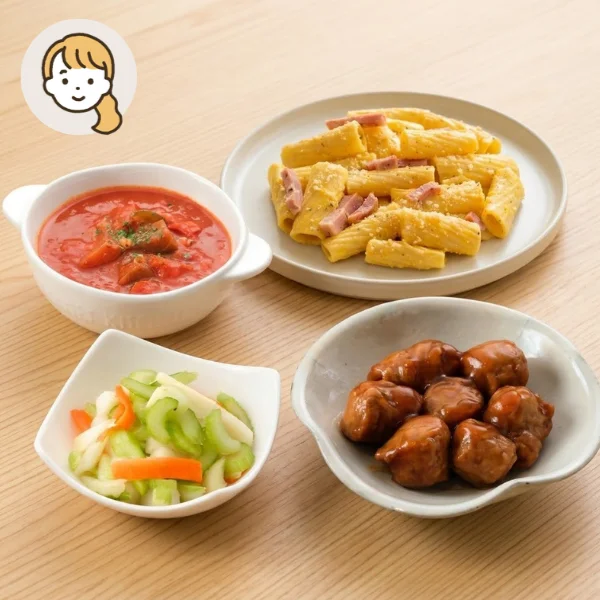 カルボナーラともち麦スープの主食・主菜・副菜セット (大人1人)
