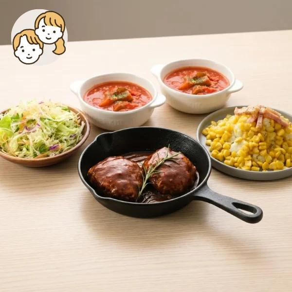 ハンバーグとミネストローネの主菜・副菜セット (大人2人)