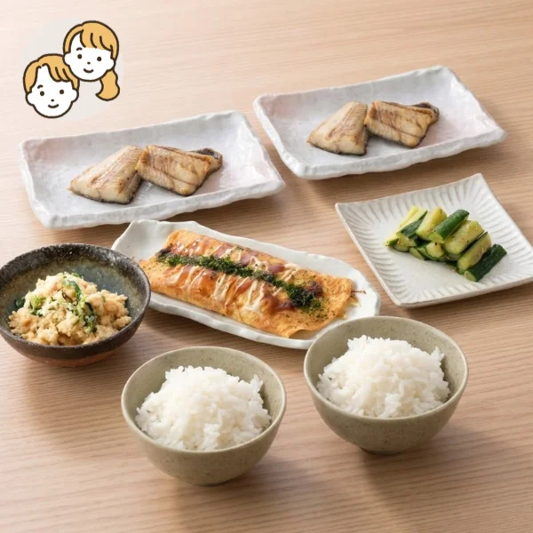 ほっけととん平焼きの主食・主菜・副菜セット (大人2人)
