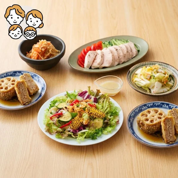 やわらかチキンと豚肉はさみ蓮根の主菜・副菜セット (ファミリー)