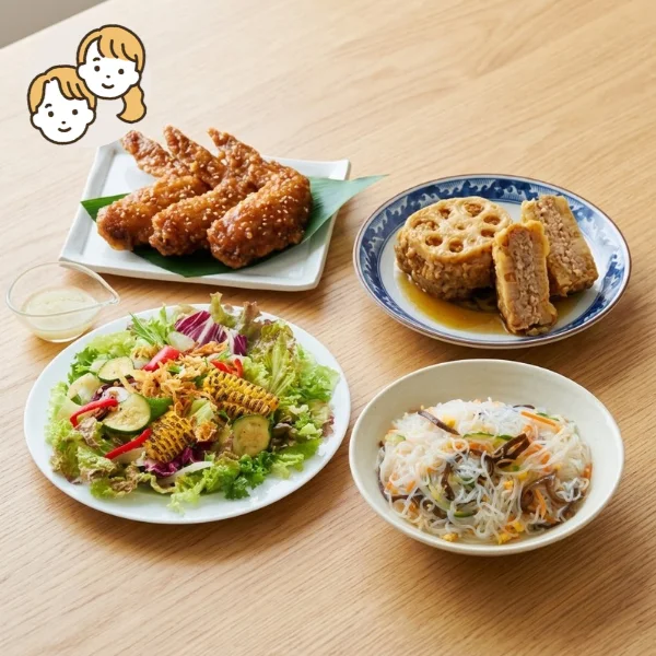 手羽先と豚肉はさみ蓮根の主菜・副菜セット (大人2人)