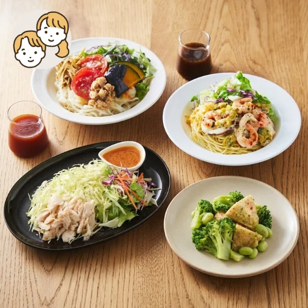 サラダ麺と彩り野菜の主食・主菜・副菜セット (大人2人)