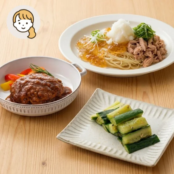 牛たんハンバーグとカッペリーニの主食・主菜・副菜セット (大人1人)