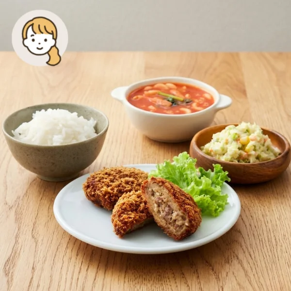 ミンチカツとミネストローネの主食・主菜・副菜セット (大人1人)
