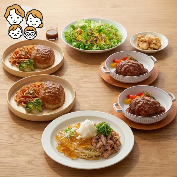 牛たんハンバーグとカッペリーニの主菜・副菜セット (ファミリー)