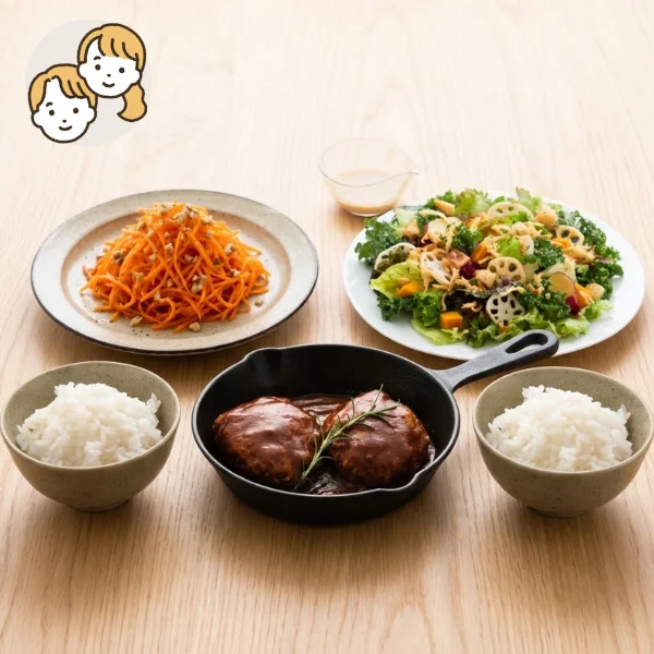 ハンバーグとこだわり野菜サラダの主食・主菜・副菜セット (大人2人)