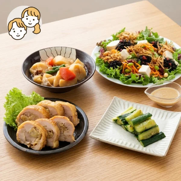 【初回おすすめ】鶏てり巻きと島豆腐サラダの主菜・副菜セット (大人2人)