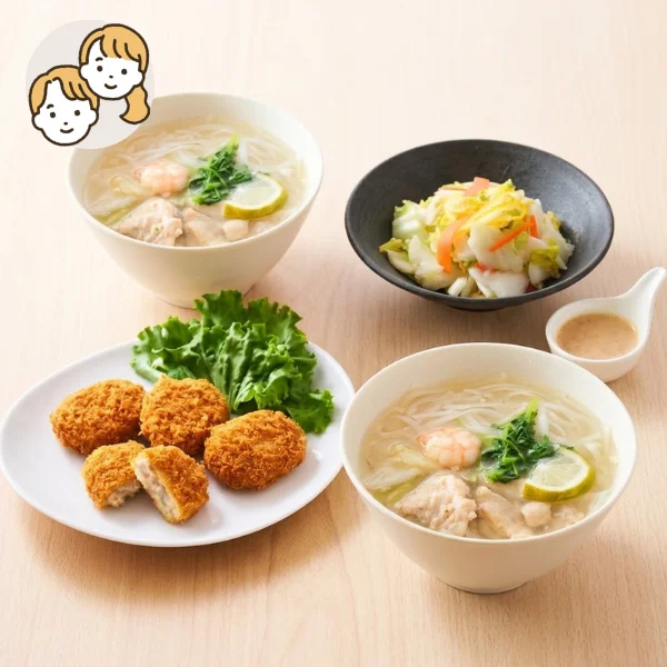 極旨だしフォーとれんこんコロッケの主食・主菜・副菜セット (大人2人)