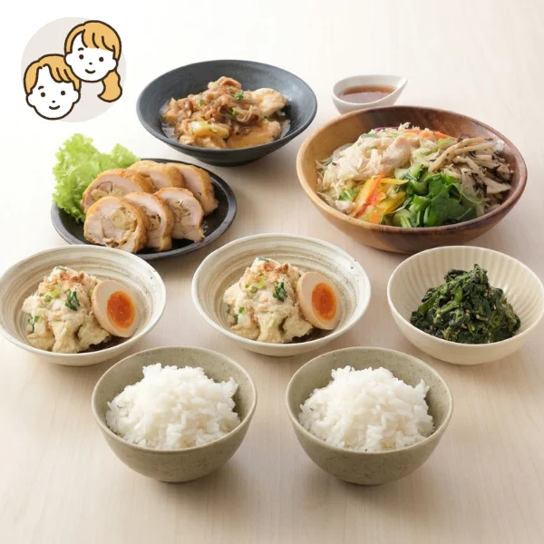 肉豆腐と鶏肉生姜巻きの主食・主菜・副菜セット (大人2人)