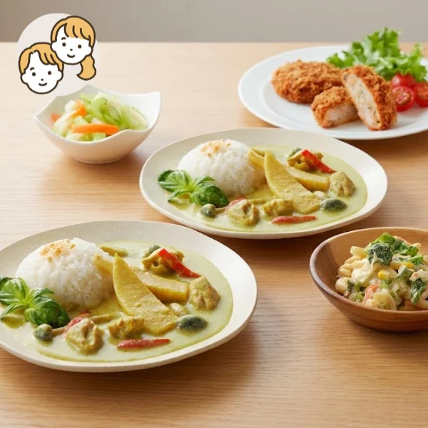 グリーンカレーと海鮮カツの主食・主菜・副菜セット (大人2人)