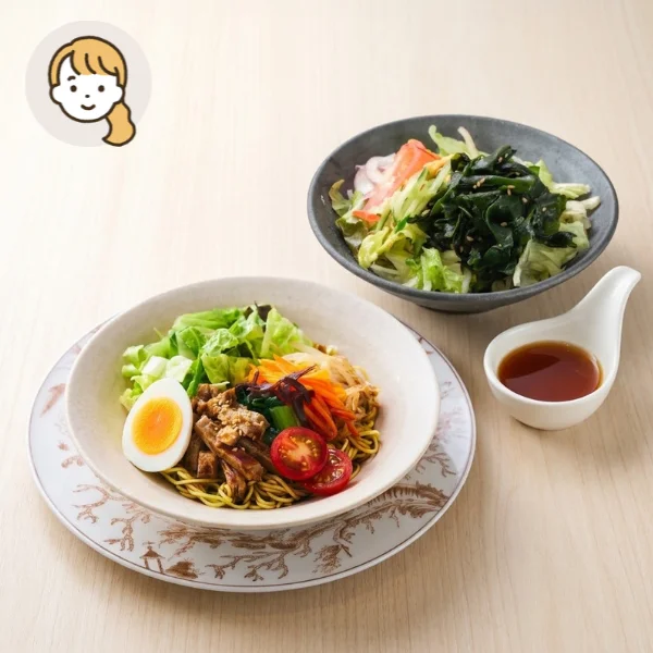 炙り豚冷やし中華とチョレギサラダの主食・主菜・副菜セット (大人1人)