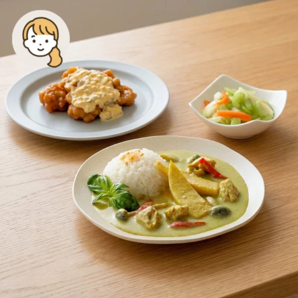 グリーンカレーとチキン南蛮の主食・主菜・副菜セット (大人1人)
